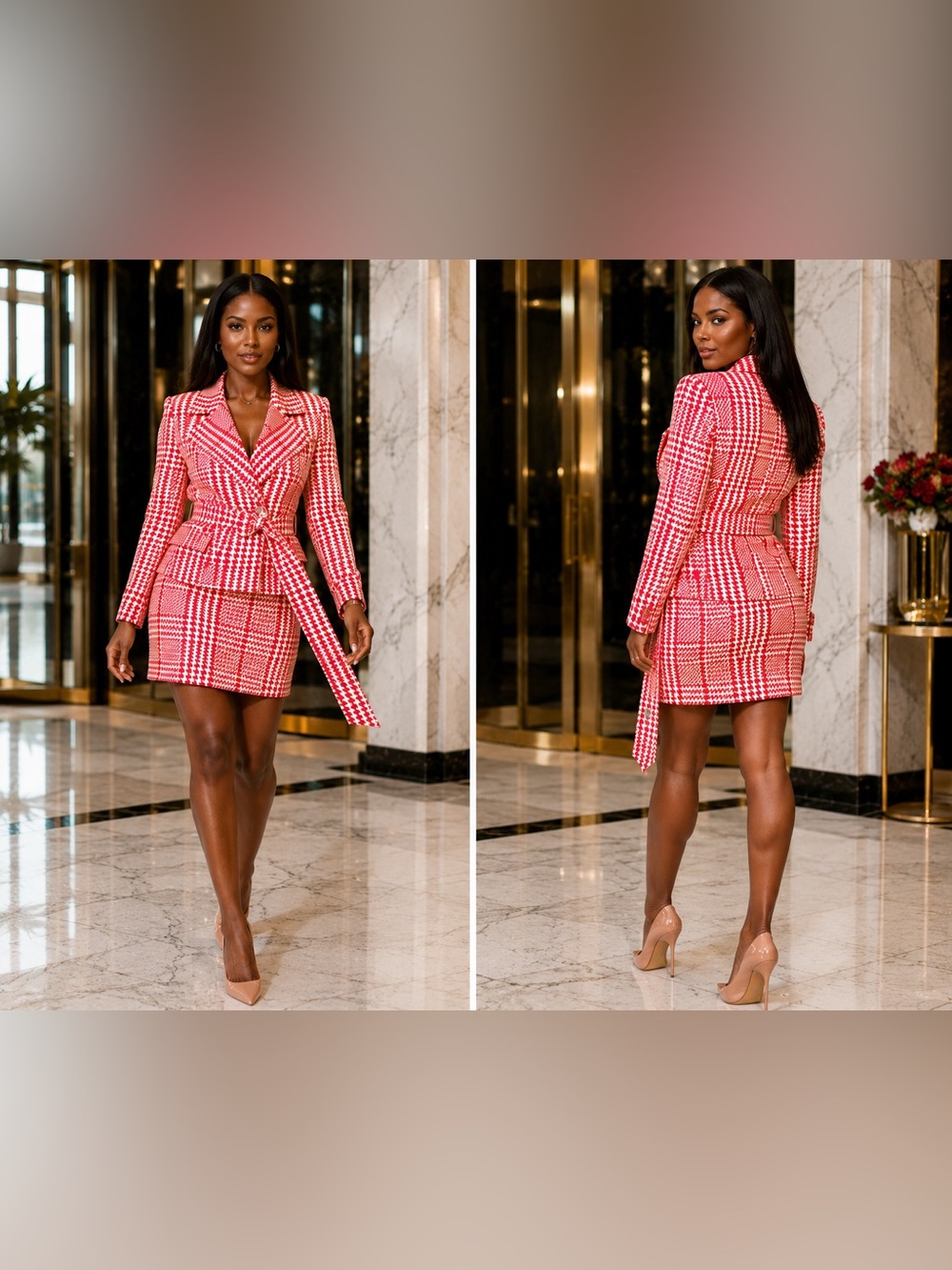 WHBM Pink Houndstooth Plaid Skirt Suit Set Jacket Skirt Womens L 12 NWT